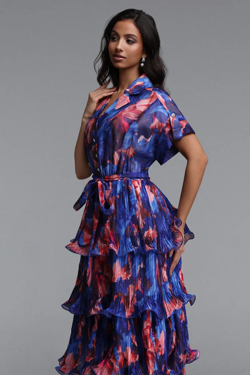 Vestido Dinah Resort Fluido com Manga Curta, Babado e Estampa Floral Midi