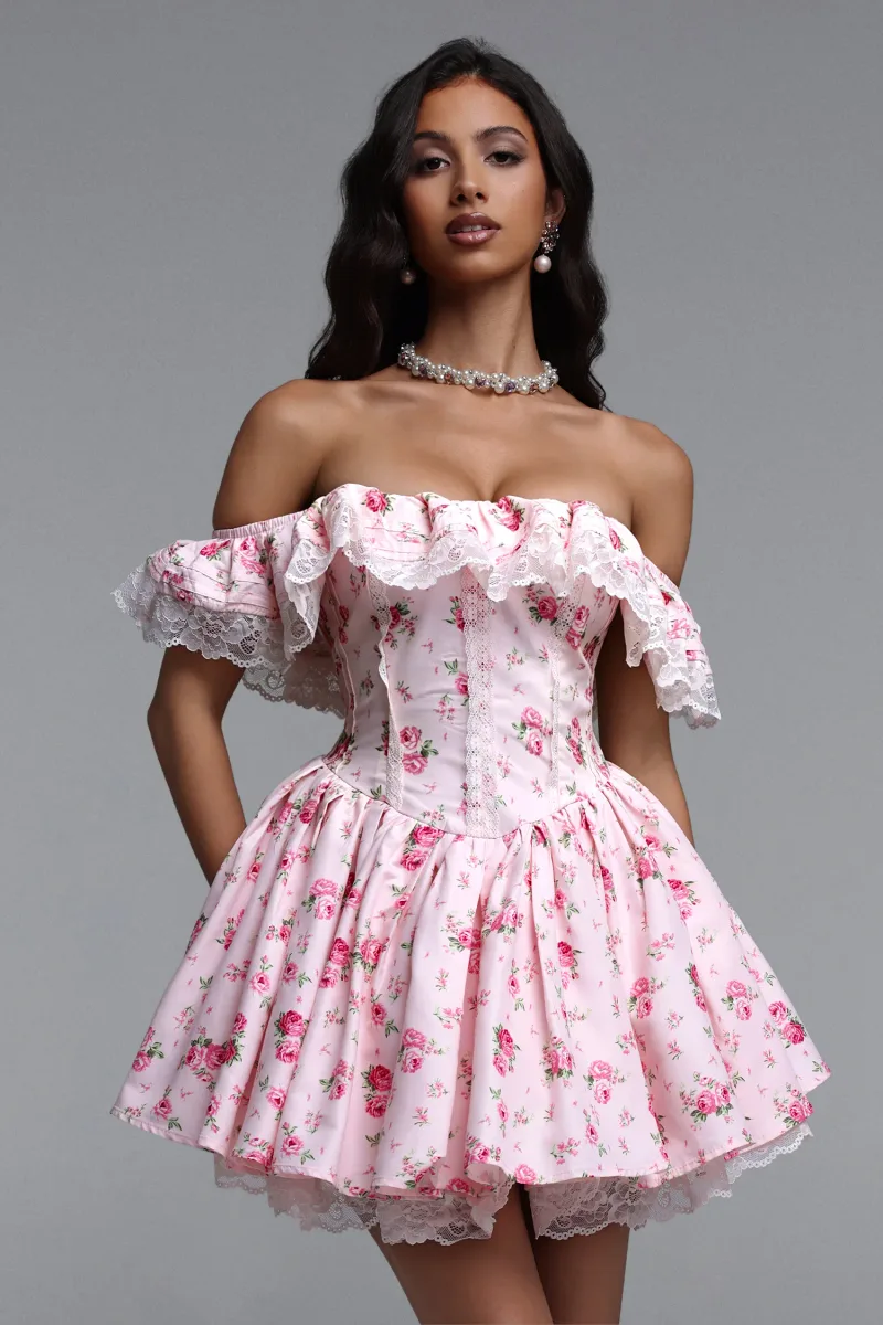 Vestido Resber Resort Fluido Ombro a Ombro com Detalhes de Renda e Estampa Floral