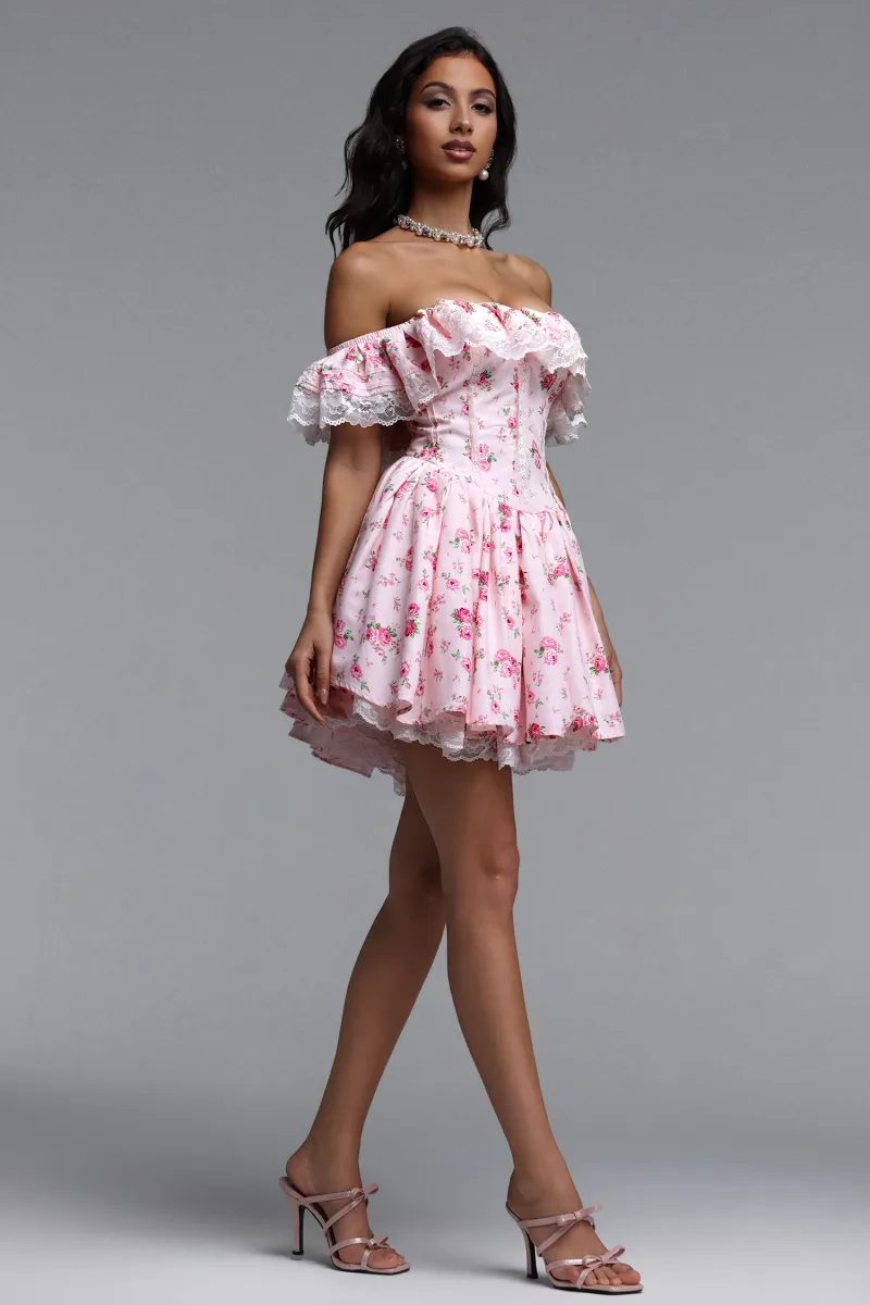 Vestido Resber Resort Fluido Ombro a Ombro com Detalhes de Renda e Estampa Floral