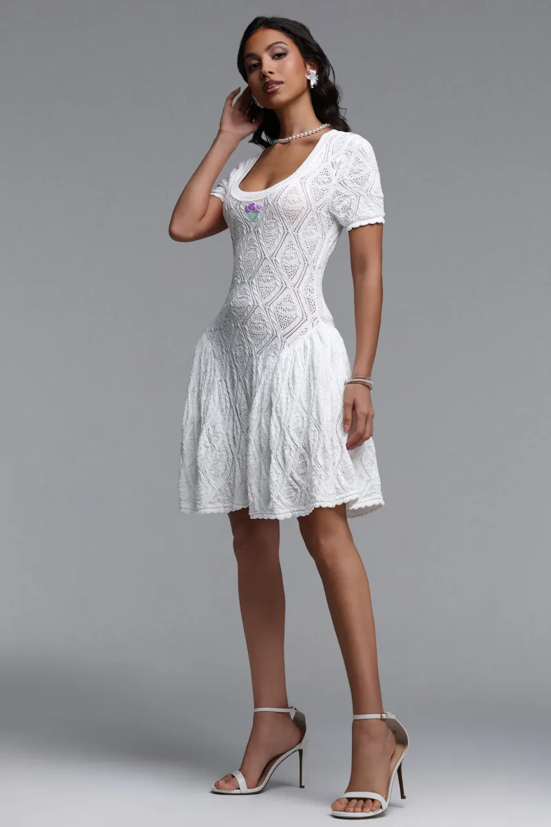 Liama Resort Cinched Short Sleeve Jacquard Knit Mini Dress