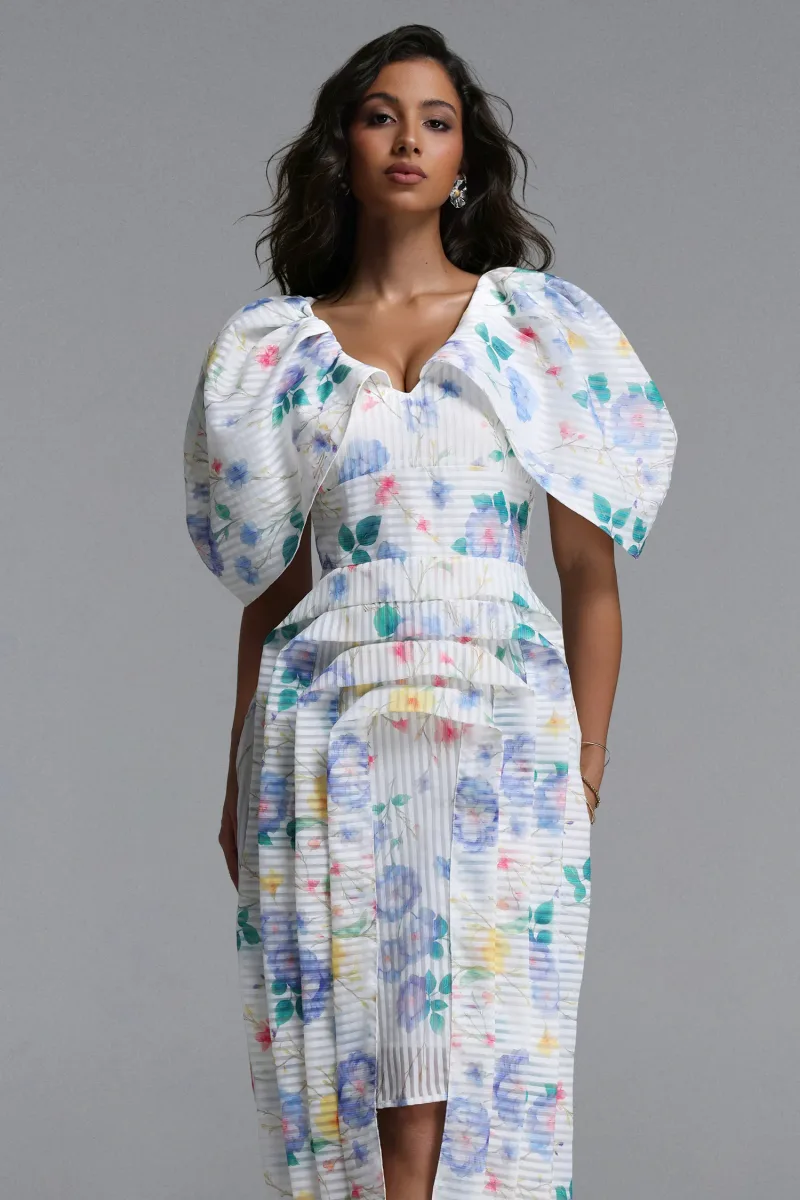 Vestido Midi Wezal com Estampa Floral e Listras