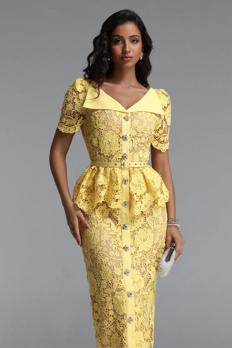 Vestido Maxi Quinn Renda Floral Manga Curta Cintura Marcada