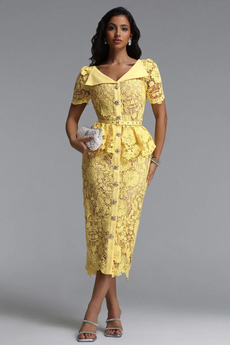 Vestido Maxi Quinn Renda Floral Manga Curta Cintura Marcada