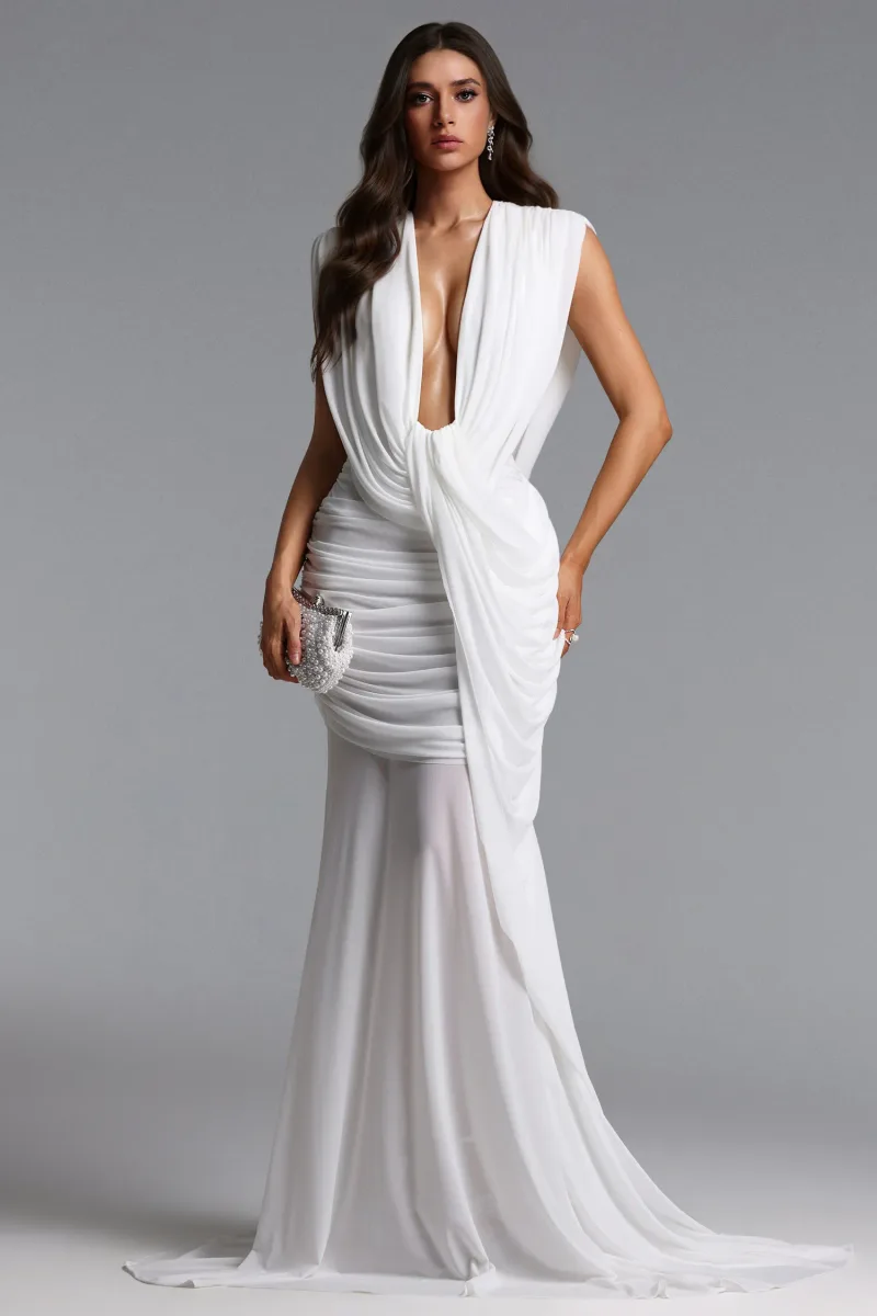 Vestido Maxi Glenda Tricô Franzido Drape Contour
