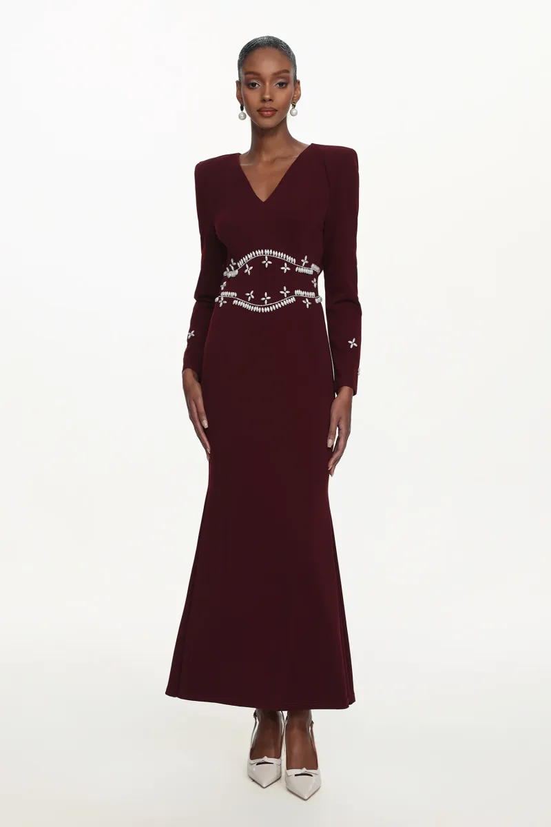 Vestido Maxi Romita com Decote em V e Manga Longa