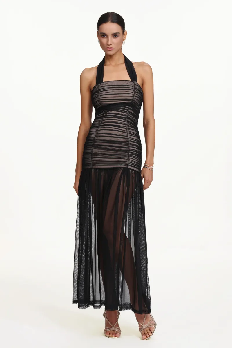 Vestido Maxi Izara Halter com Tule Franzido