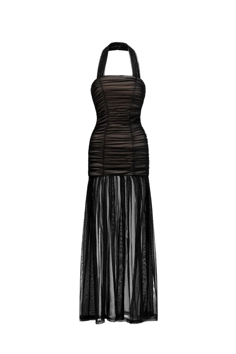 Vestido Maxi Izara Halter com Tule Franzido