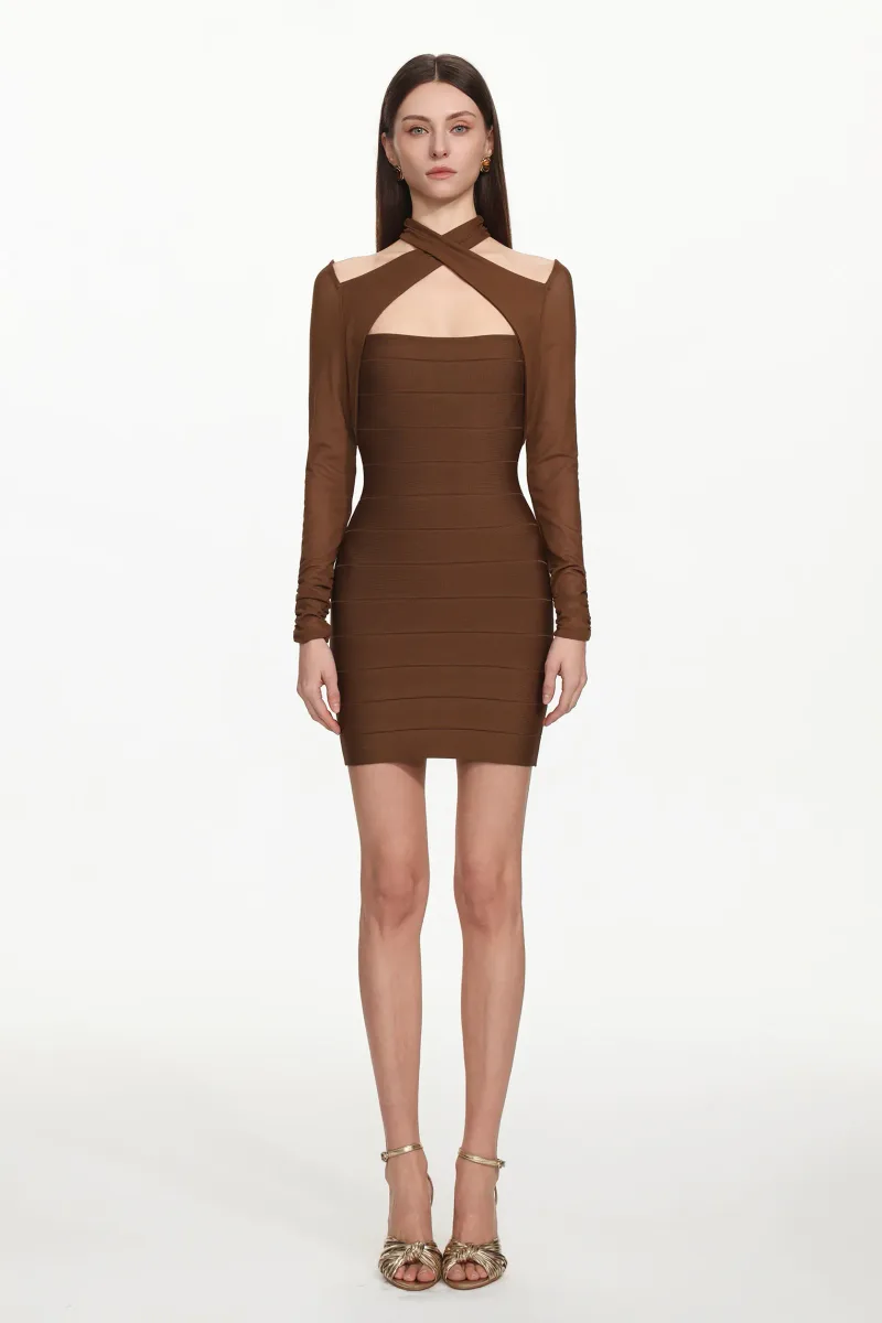 Vestido Mini Estrela Bandage com Sobreposição e Manga Longa