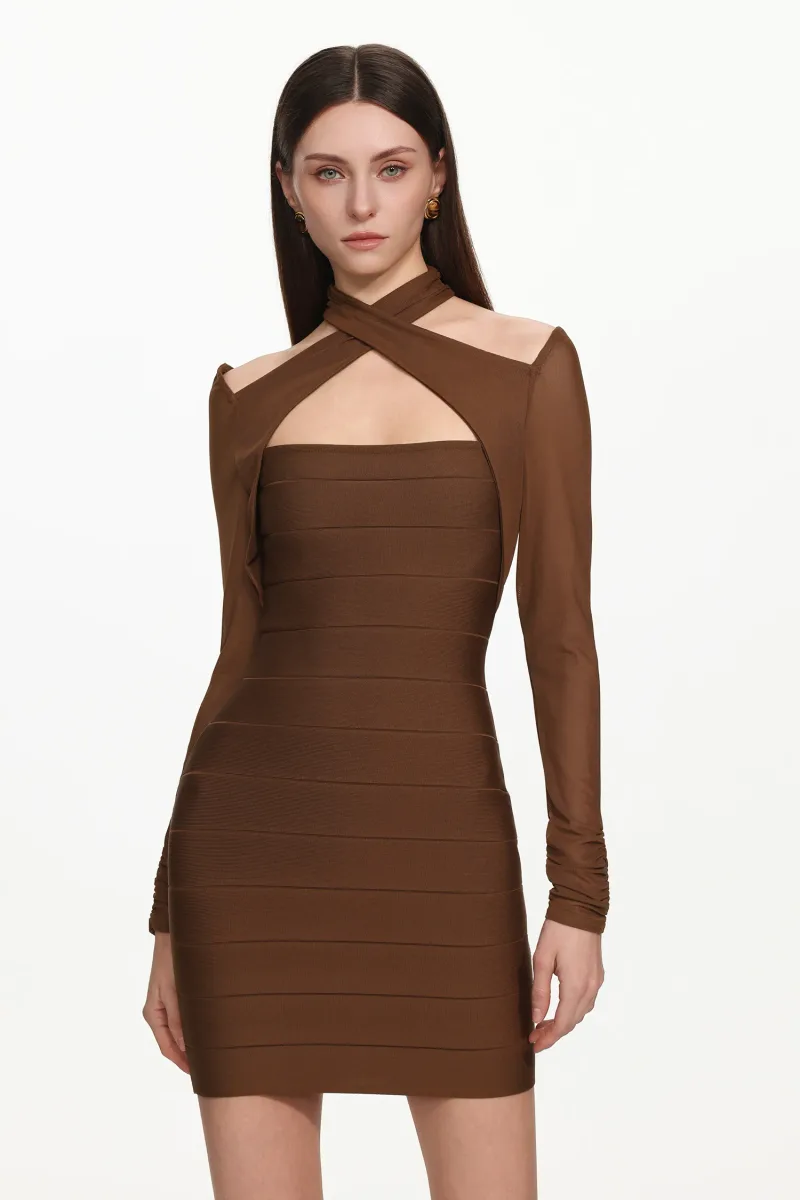 Vestido Mini Estrela Bandage com Sobreposição e Manga Longa