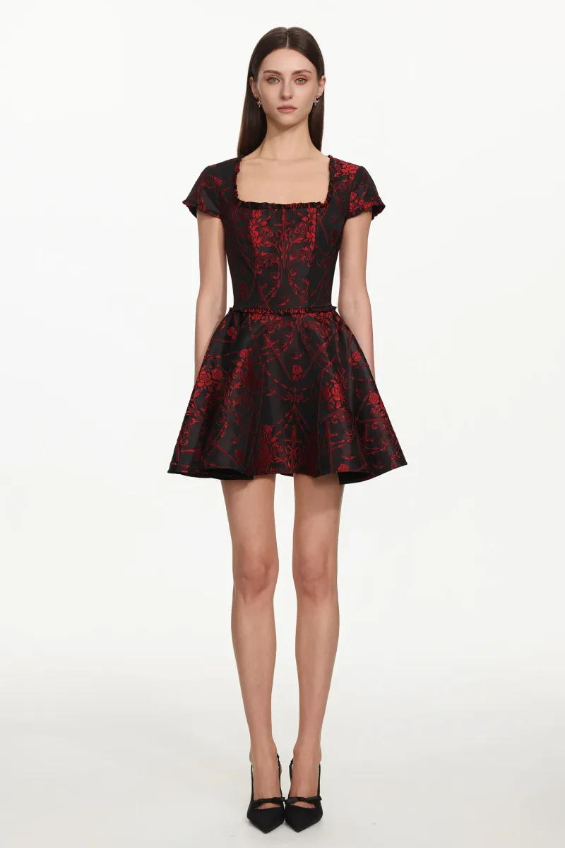 Vestido Mini Gail em Algodão com Decote Quadrado e Manga Curta