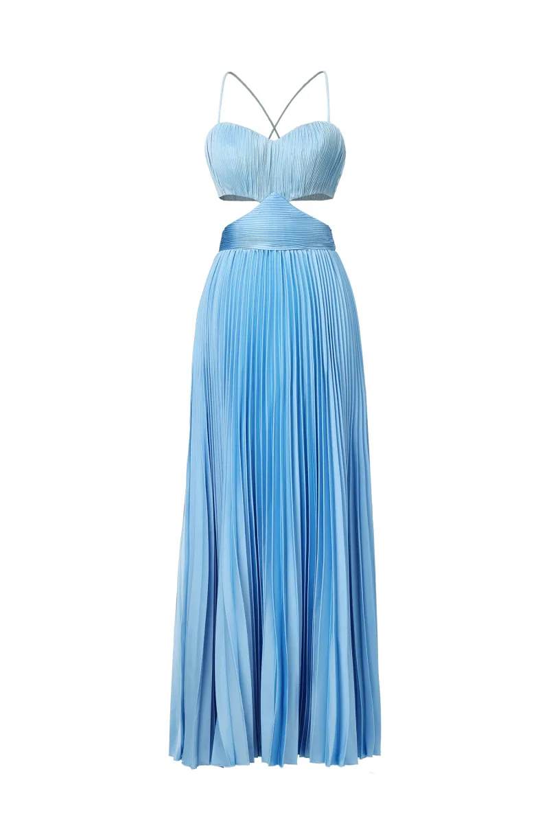 Vestido Maxi Moua sem Mangas em Cetim com Pregas