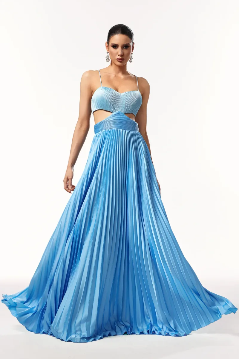 Vestido Maxi Moua sem Mangas em Cetim com Pregas