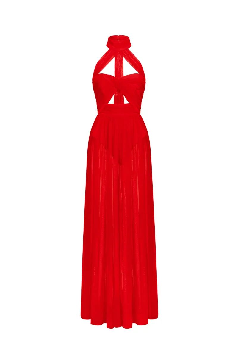 Vestido Maxi Tesare Halter Sem Mangas com Recortes