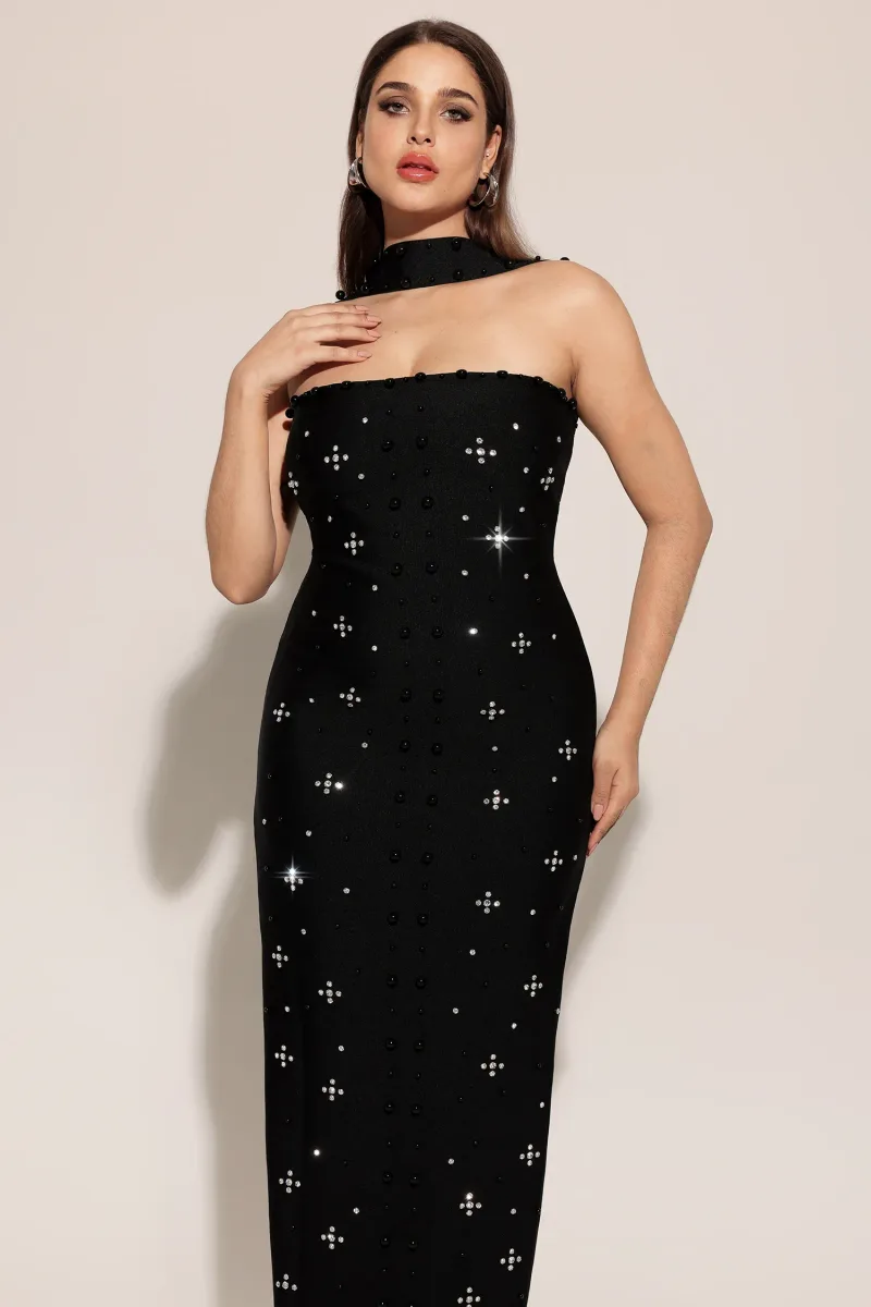 Vestido Maxi Nesya Sem Mangas com Aplicações de Pérolas