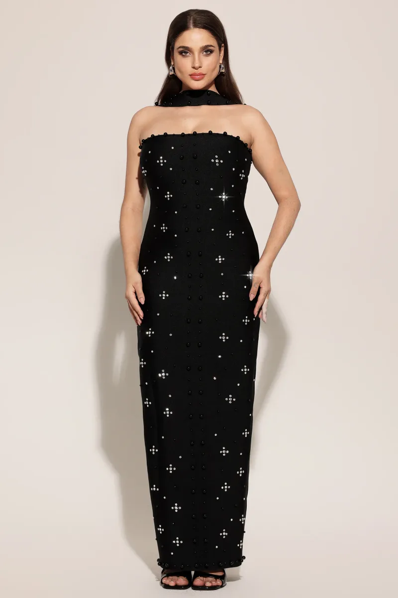 Vestido Maxi Nesya Sem Mangas com Aplicações de Pérolas