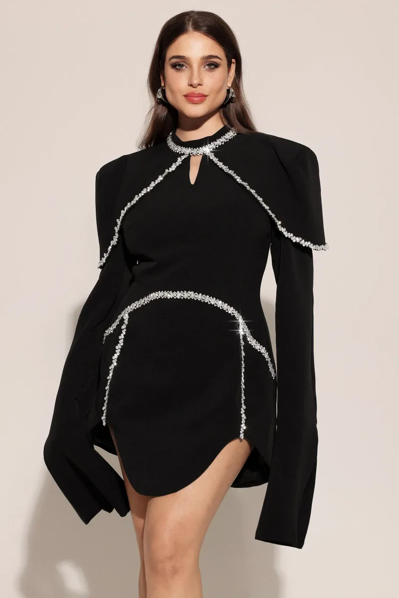 Vestido Mini Teagan com Mangas Compridas, Gola Alta e Mangas Puff Irregulares