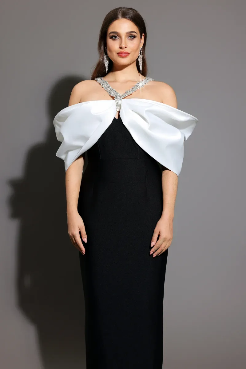 Vestido Maxi Lucifa Halter Sem Mangas com Aplicações de Cristal e Fita com Laço