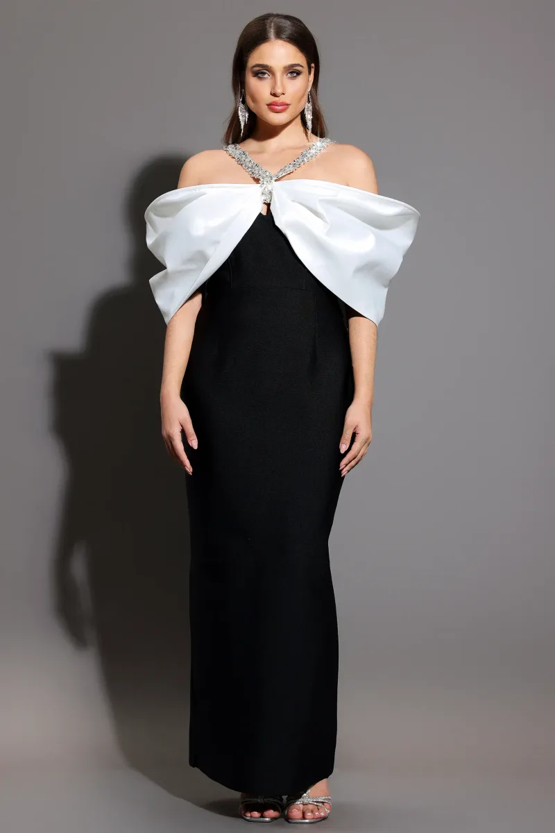 Vestido Maxi Lucifa Halter Sem Mangas com Aplicações de Cristal e Fita com Laço