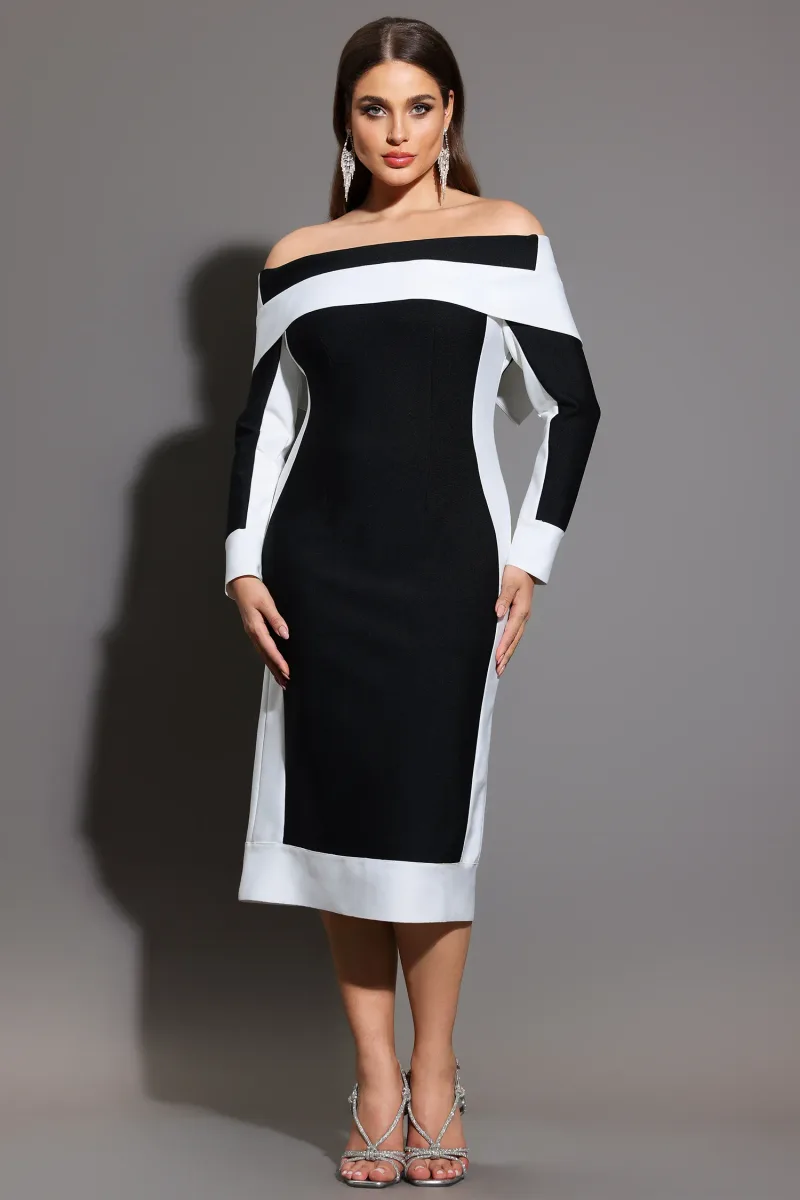 Vestido Midi Mattey Ombro a Ombro com Mangas Longas e Listras