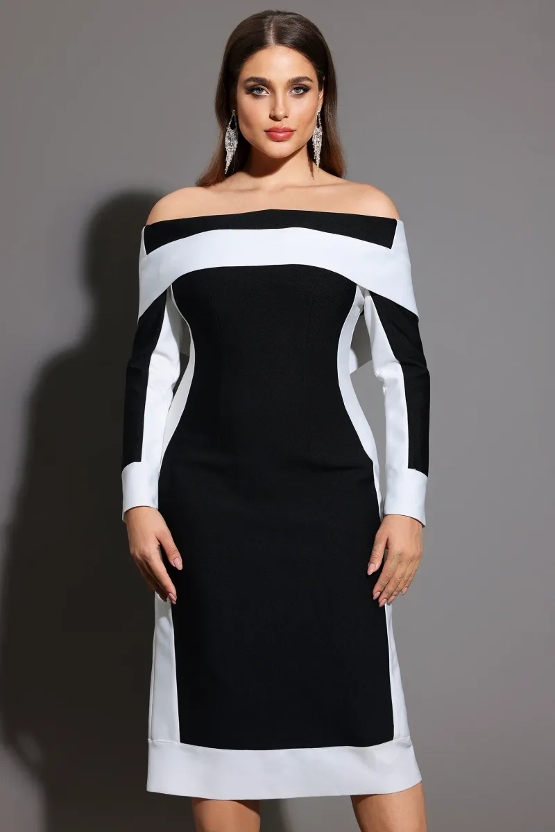 Vestido Midi Mattey Ombro a Ombro com Mangas Longas e Listras