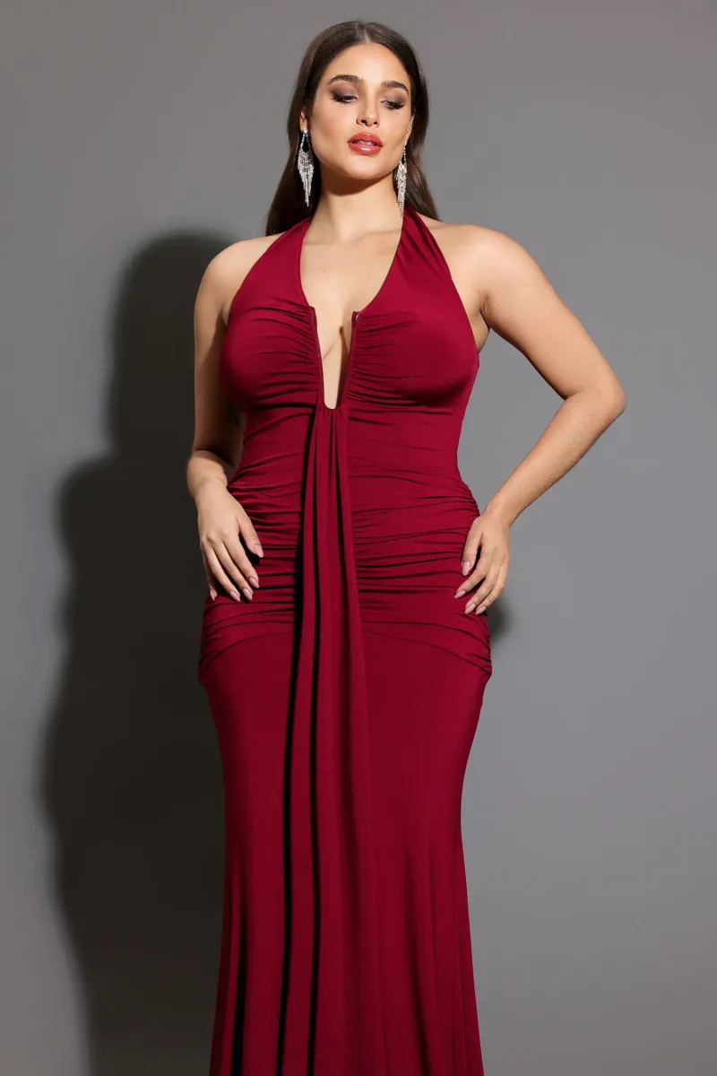 Halter Dress Elsie com Decote V e Pregas