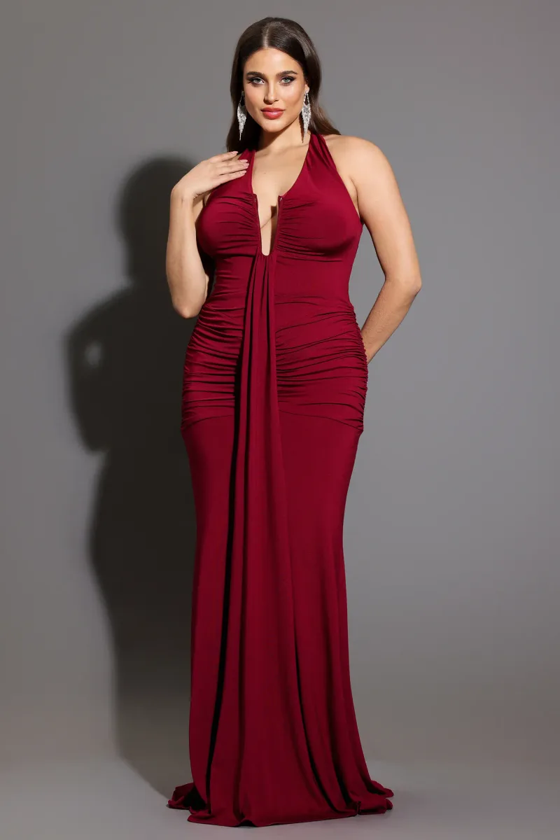Halter Dress Elsie com Decote V e Pregas