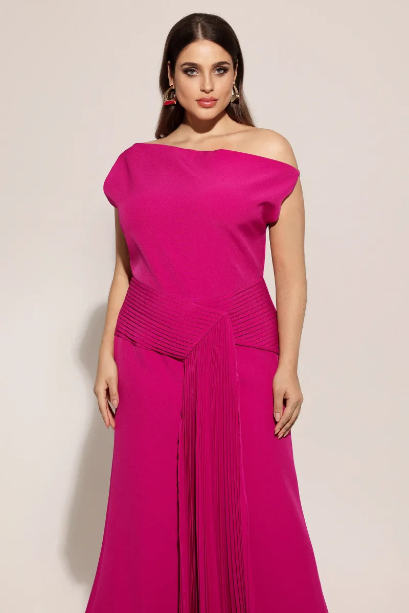 Midi Dress Paulina com Ombro Assimétrico e Pregas