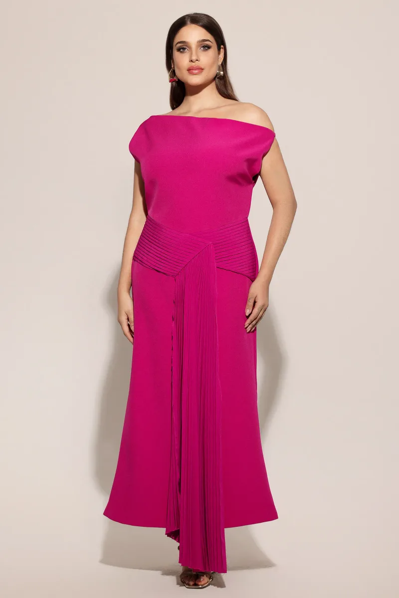 Midi Dress Paulina com Ombro Assimétrico e Pregas