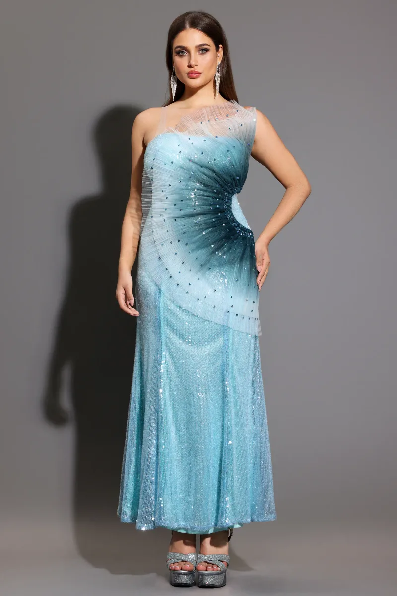 Vestido Maxi Kiwis sem Mangas com Paetê e Cauda de Sereia