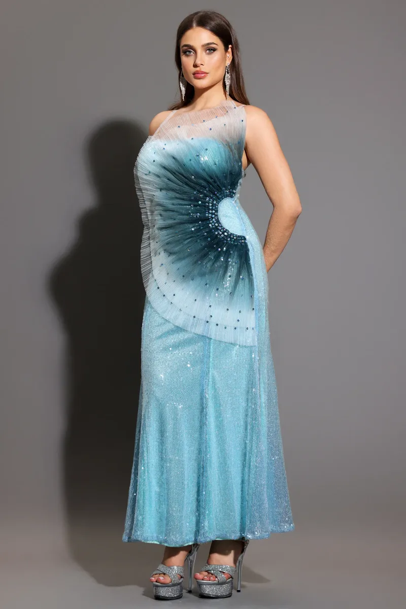 Vestido Maxi Kiwis sem Mangas com Paetê e Cauda de Sereia