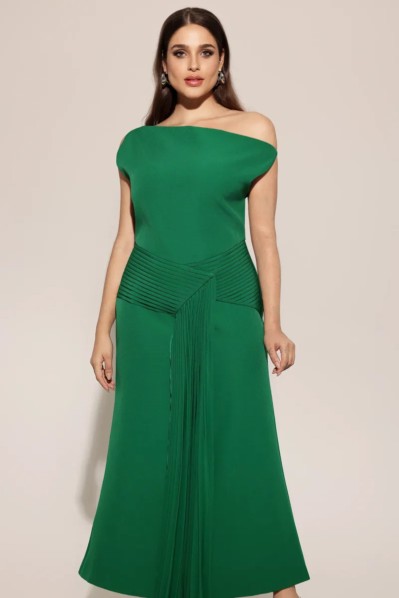 Vestido Midi Paulina com Ombro Oblíquo e Drapeados