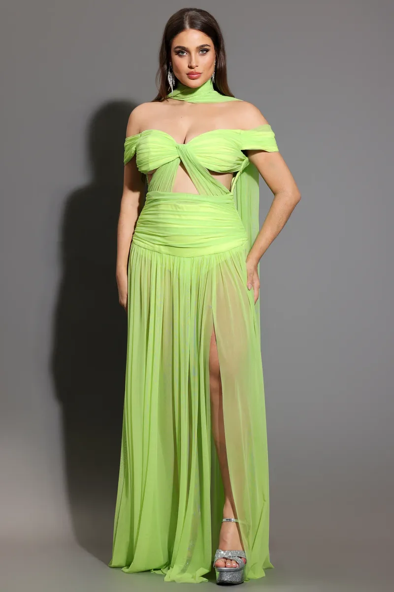 Vestido Maxi Peoph com Ombro a Ombro e Recortes