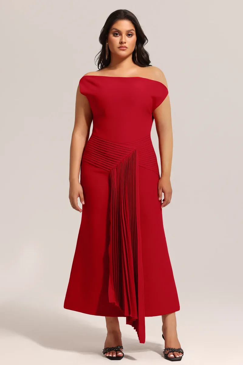Vestido Midi Jillian com Ombro Oblíquo e Pregas