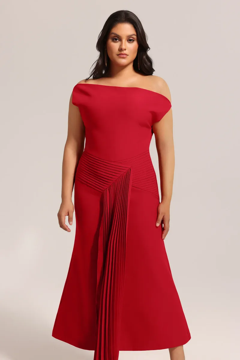 Vestido Midi Jillian com Ombro Oblíquo e Pregas
