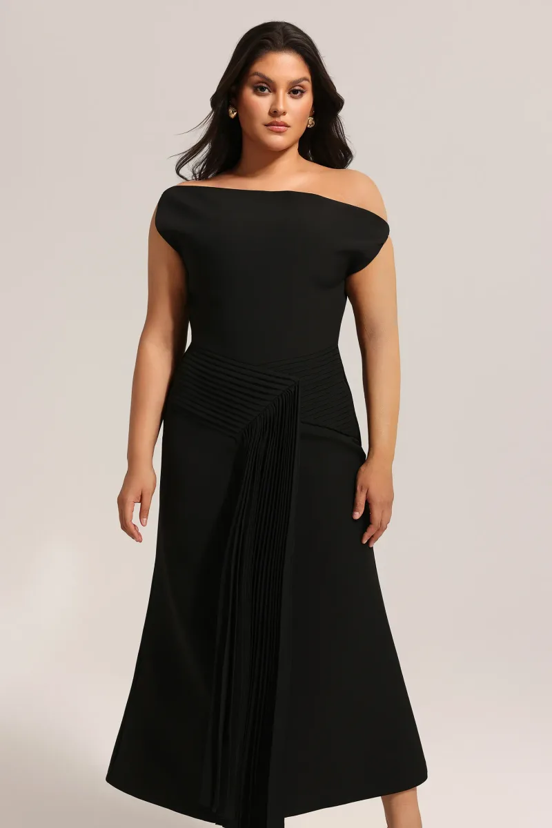 Vestido Midi Juny com Ombro Oblíquo e Pregas