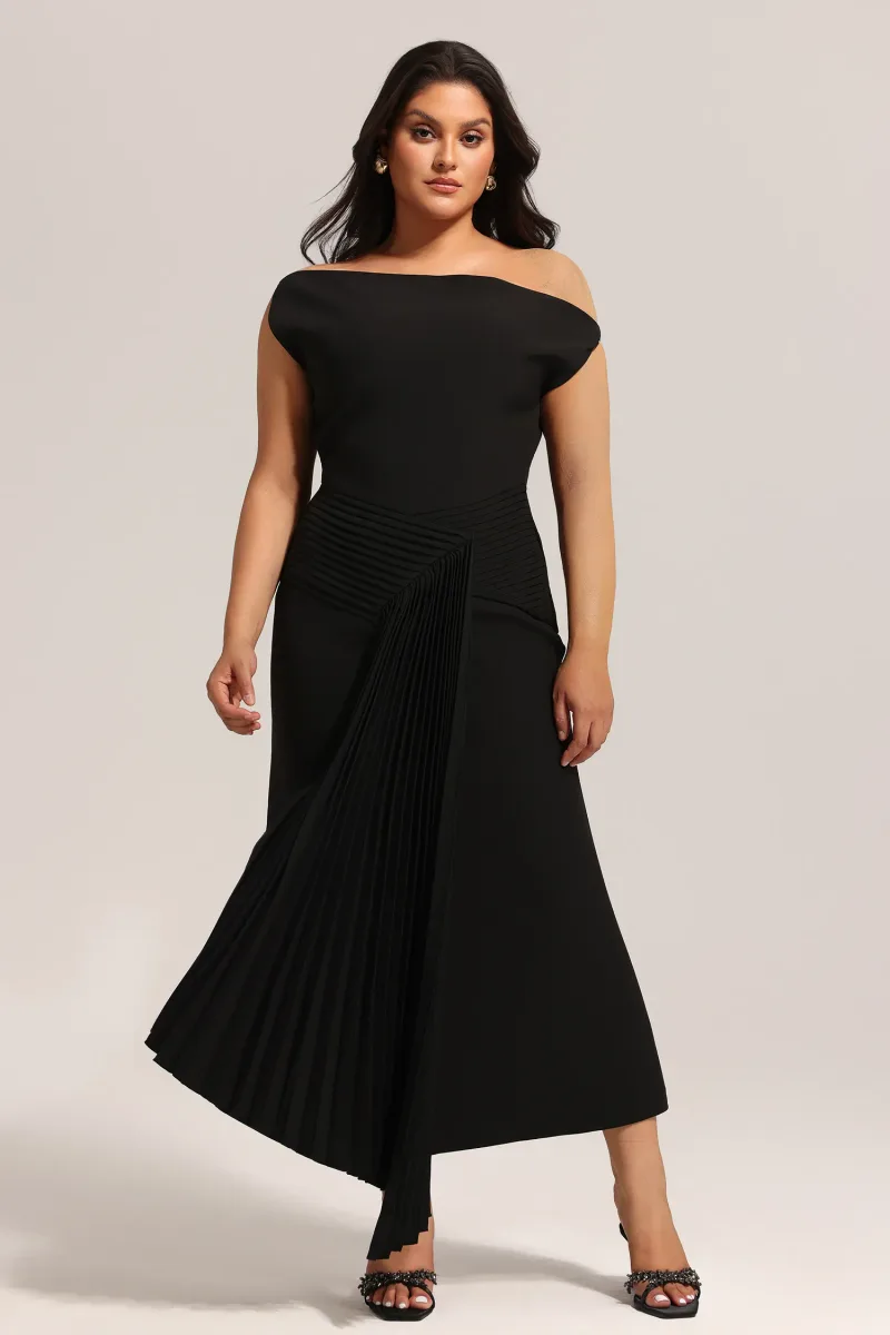 Vestido Midi Juny com Ombro Oblíquo e Pregas