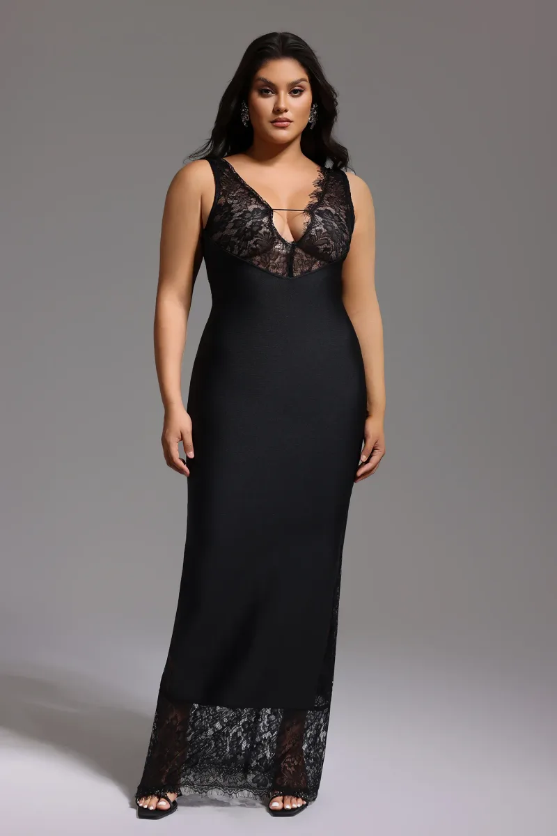 Vestido Maxi Janano em Renda com Decote em V Profundo – Preto