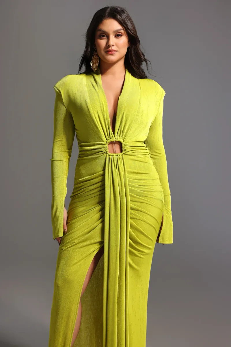 Vestido Maxi Naomi com Decote V e Mangas Longas