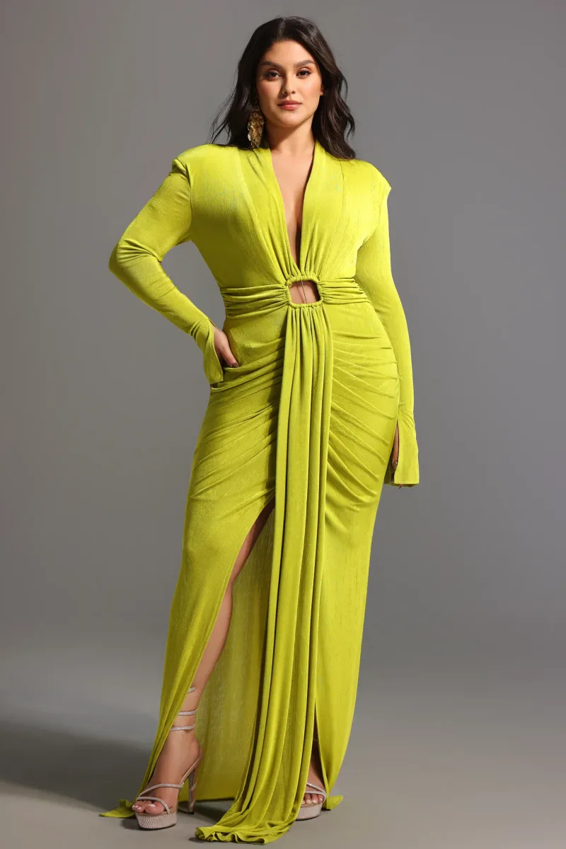 Vestido Maxi Naomi com Decote V e Mangas Longas