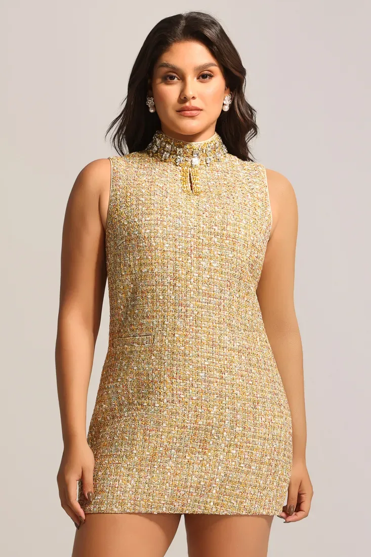 Vestido Tweed Jillian com Decote Médio Sem Mangas