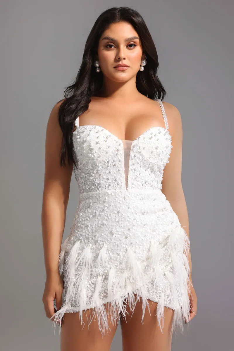 Vestido Mini Tryphosa com Pena e Paetê