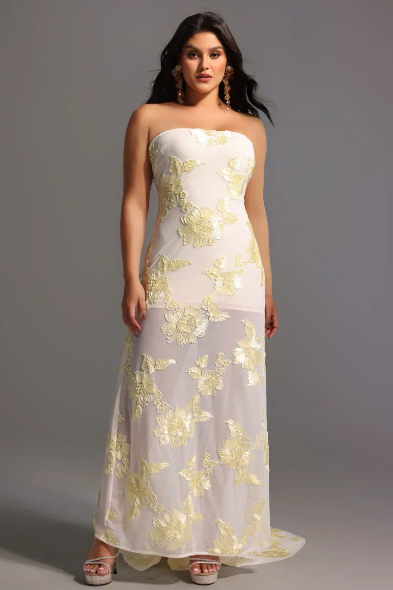 Vestido Maxi Deliyn Sem Alças com Bordado Floral em Mesh