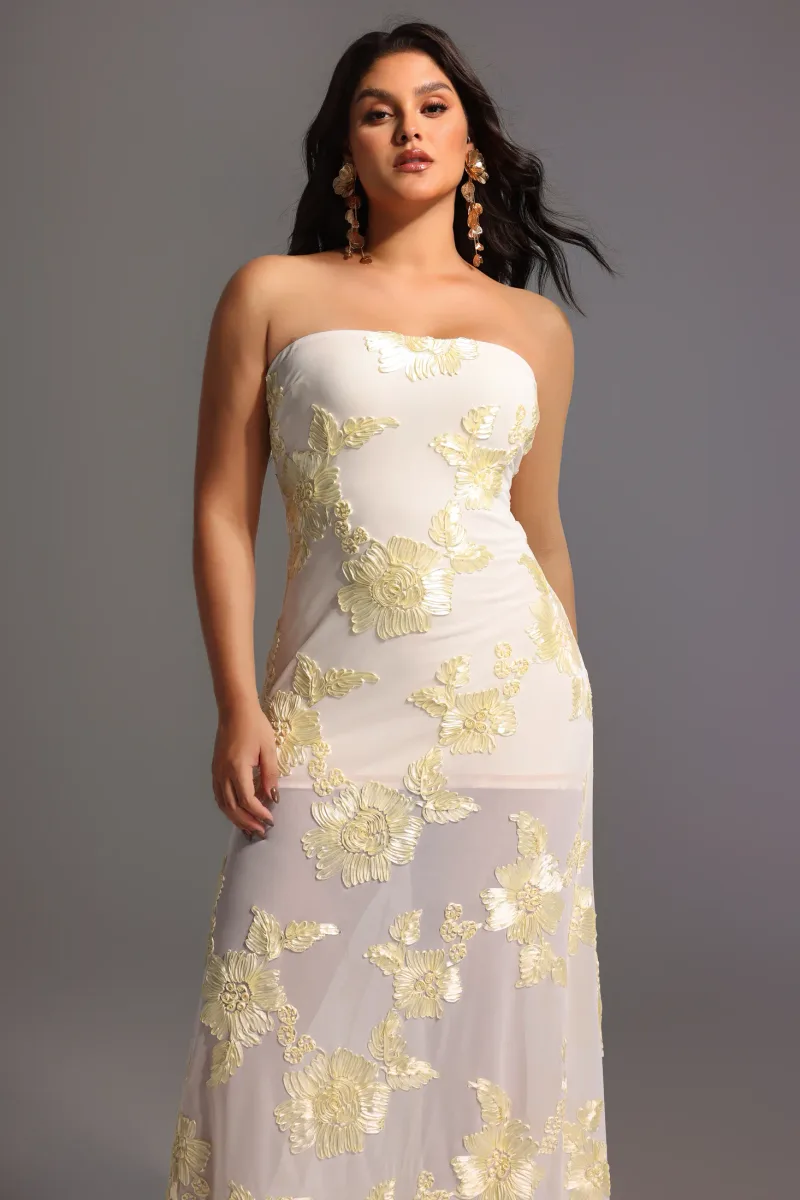 Vestido Maxi Deliyn Sem Alças com Bordado Floral em Mesh