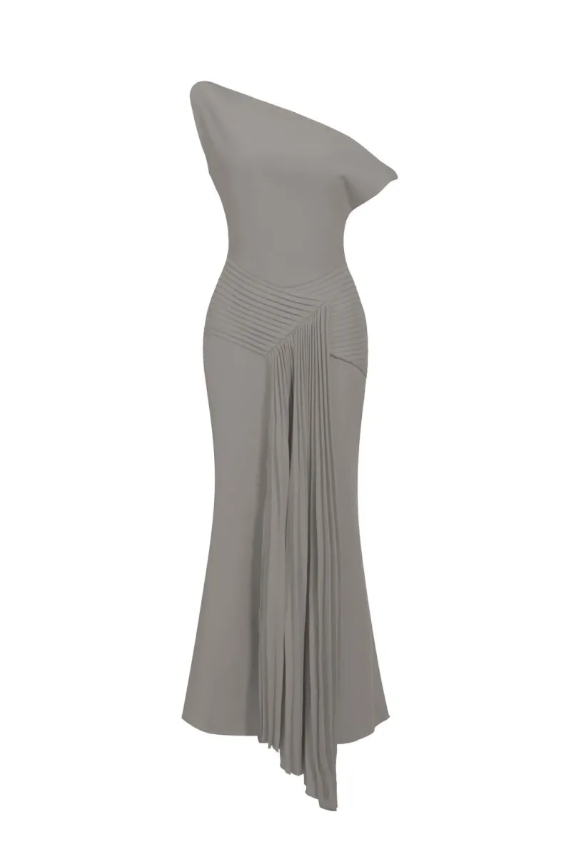 Vestido Midi Paulina Ombro Oblíquo Cinza