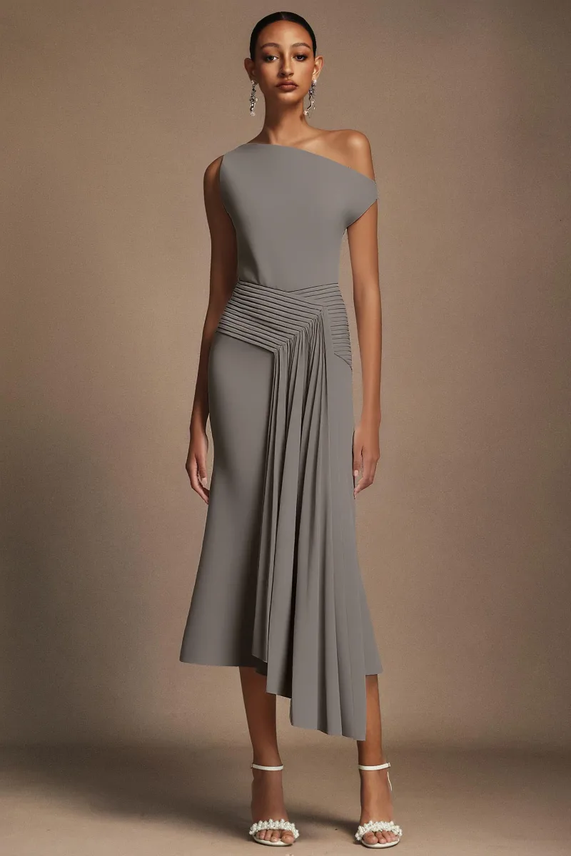 Vestido Midi Paulina Ombro Oblíquo Cinza