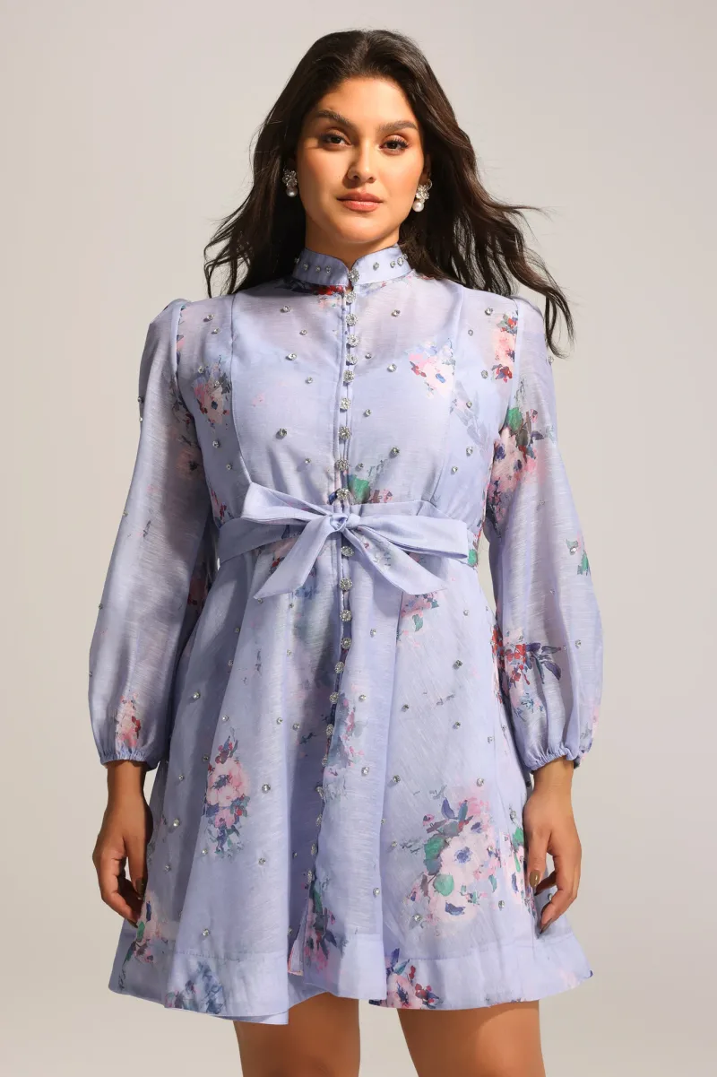 Vestido Mini Riza com Manga Longa e Estampa Floral Diamante