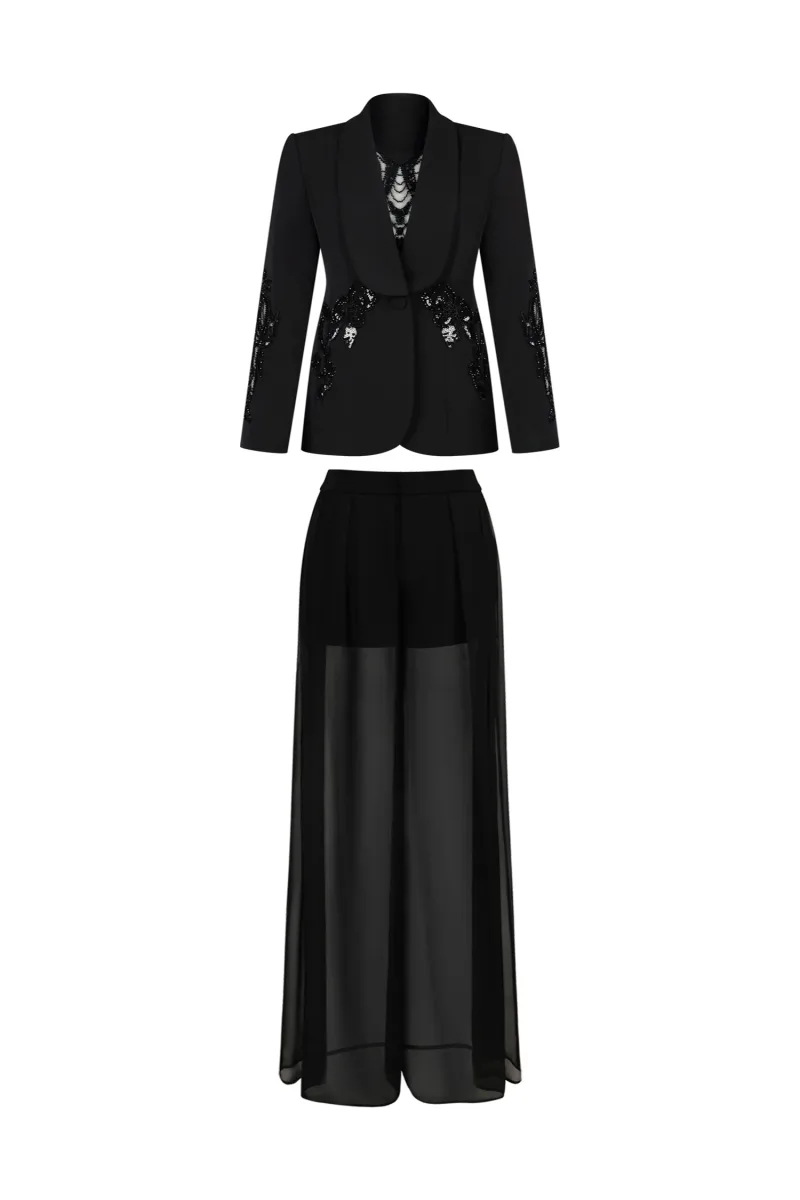 Conjunto Demri Manga Longa Decote V Paetês Midi