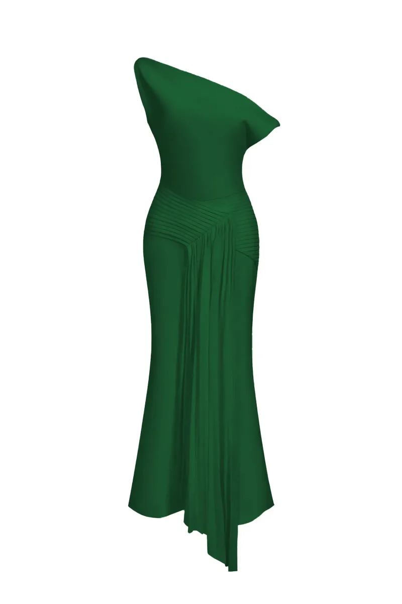 Vestido Paulina Ombro Oblíquo Sem Mangas Pregas Verde Midi