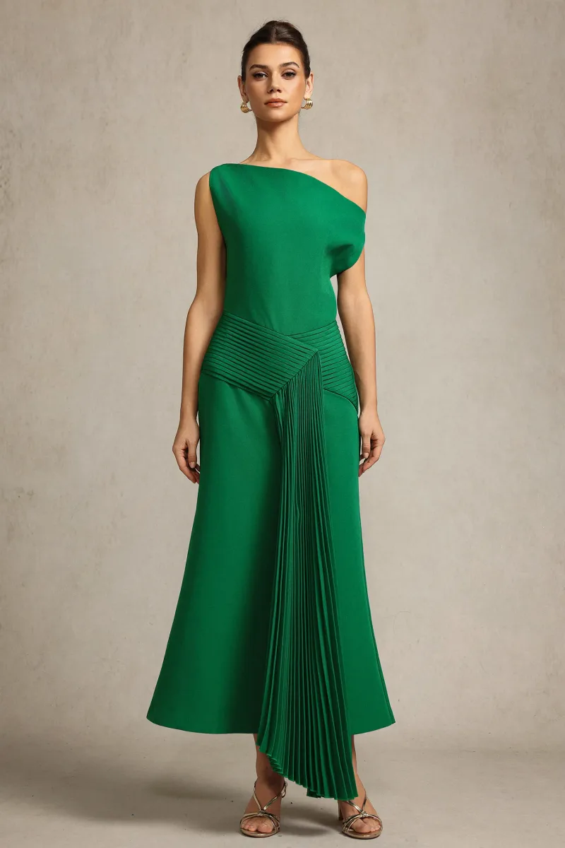 Vestido Paulina Ombro Oblíquo Sem Mangas Pregas Verde Midi