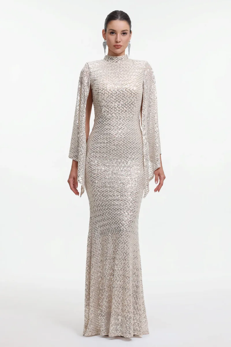 Vestido Euen Elegante Manga Capa Paetês Maxi